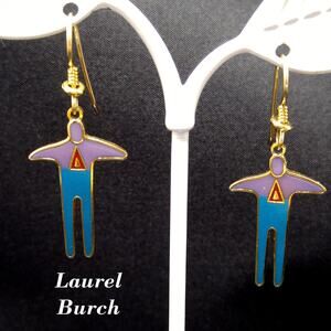Vintage Laurel Burch Person Enamel 1980s Earrings, Gold Plated